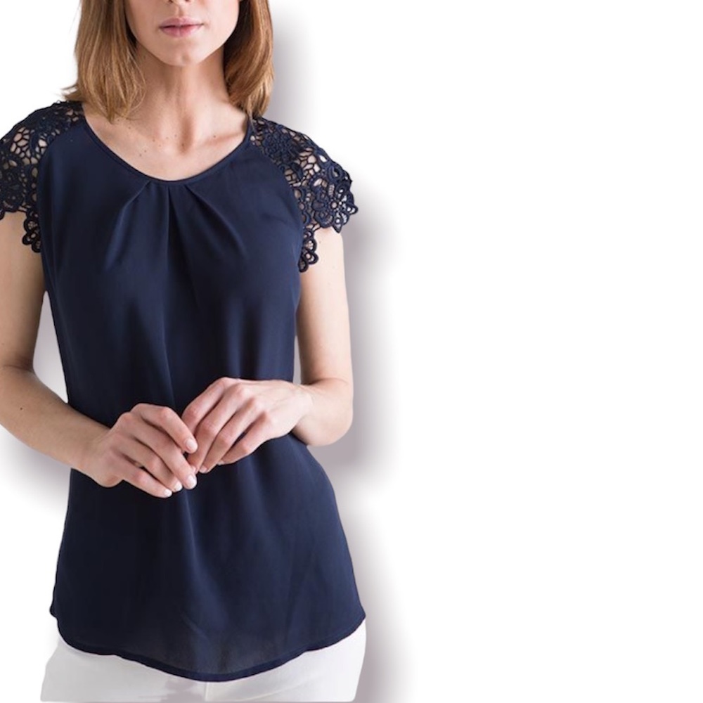 ZARA Lace Cap Sleeve Blouse Navy Blue Medium
